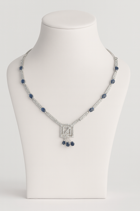 Luxury Sapphire & Diamond Toned Jewelry Set - Necklace, Earrings & Maang Tikka