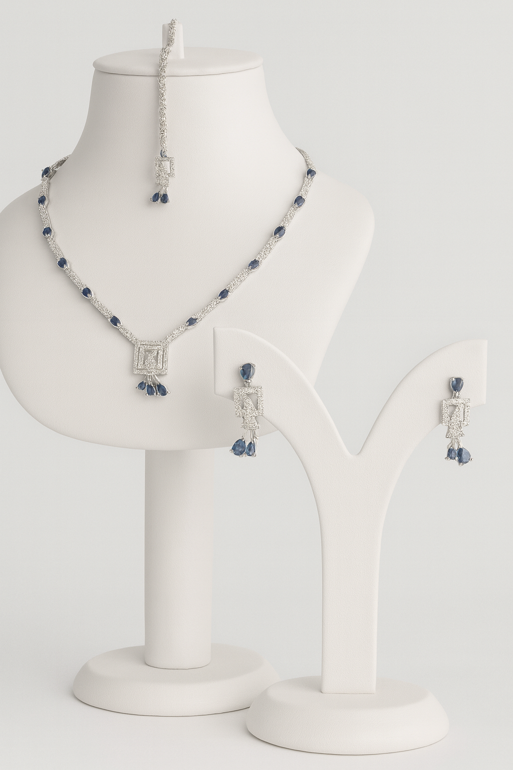 Luxury Sapphire & Diamond Toned Jewelry Set - Necklace, Earrings & Maang Tikka