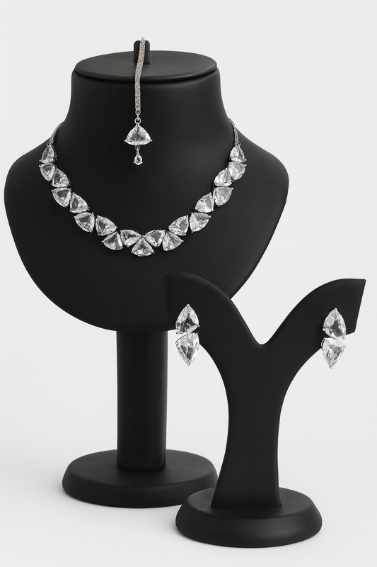 Trillion-Cut Crystal Triangle Jewelry Set - Silver-Tone Necklace, Stud Earrings & Maang Tikka