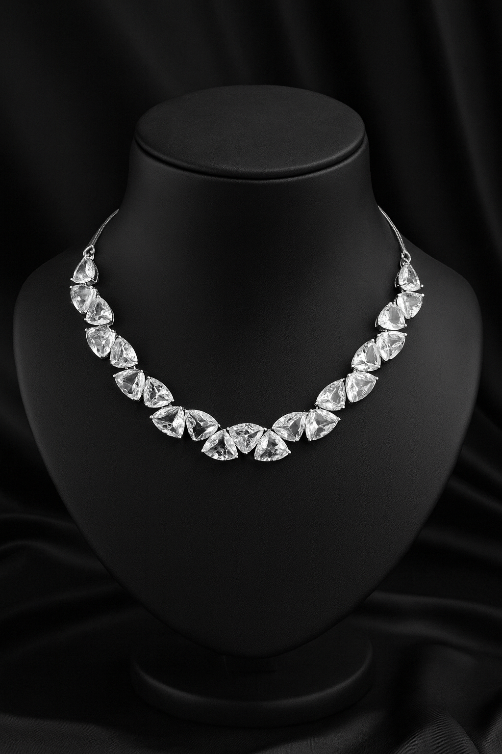 Trillion-Cut Crystal Triangle Jewelry Set - Silver-Tone Necklace, Stud Earrings & Maang Tikka