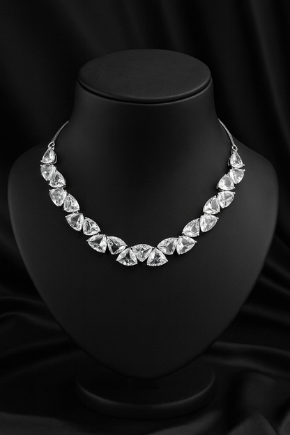 Trillion-Cut Crystal Triangle Jewelry Set - Silver-Tone Necklace, Stud Earrings & Maang Tikka