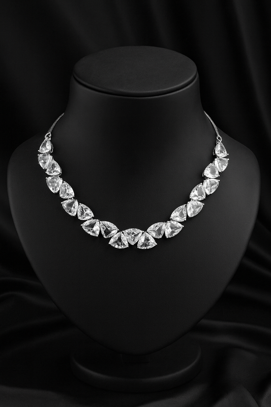 Trillion-Cut Crystal Triangle Jewelry Set - Silver-Tone Necklace, Stud Earrings & Maang Tikka