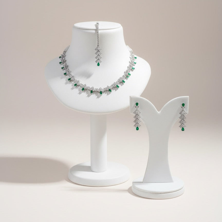 Emerald Green & Cubic Zirconia Drop Necklace Set - Silver Plated, Adjustable