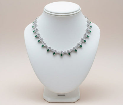 Emerald Green & Cubic Zirconia Drop Necklace Set - Silver Plated, Adjustable