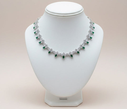 Emerald Green & Cubic Zirconia Drop Necklace Set - Silver Plated, Adjustable