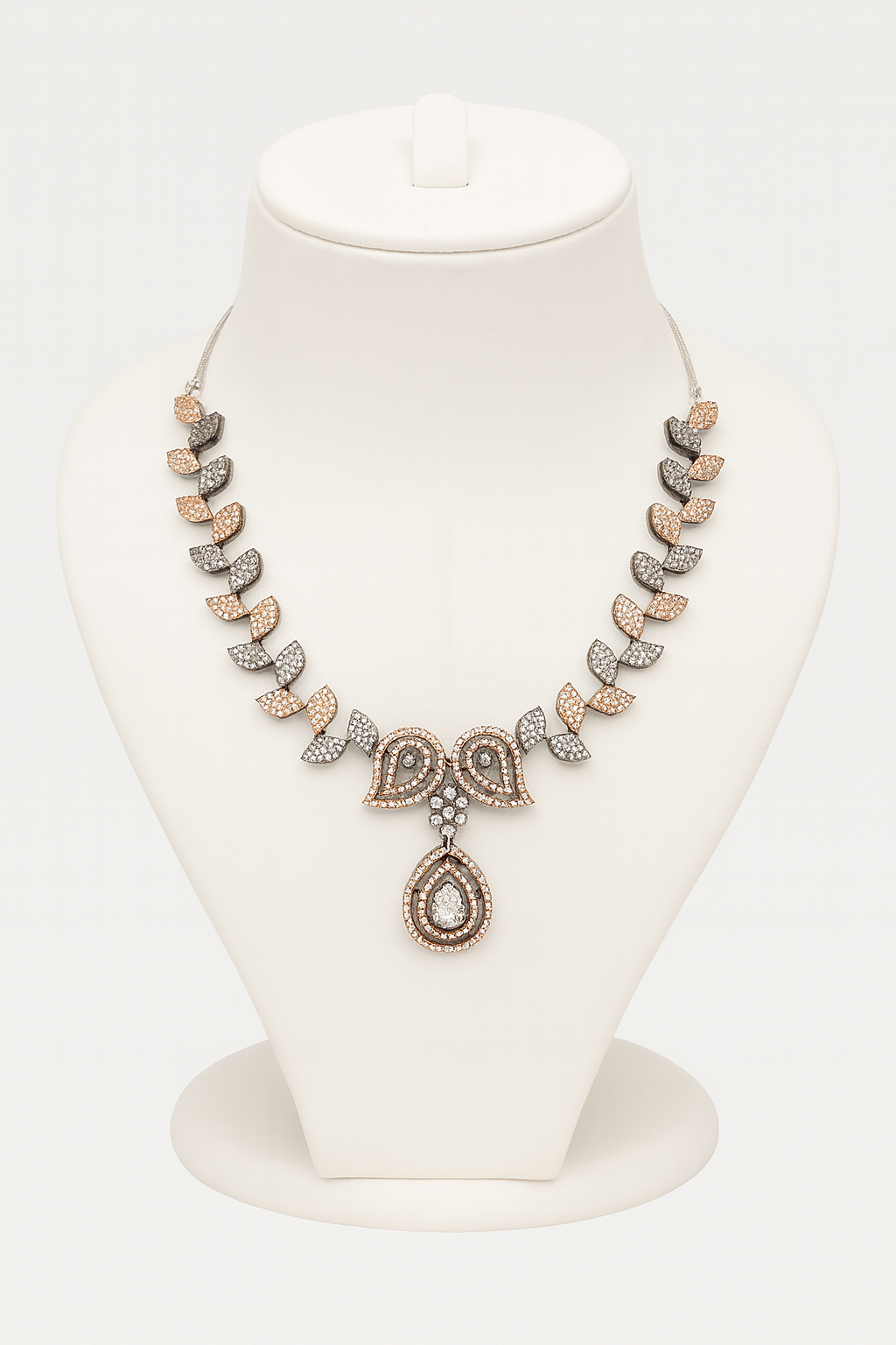 Rose Gold & Silver Plated Cubic Zirconia Leaf-Motif Necklace Set