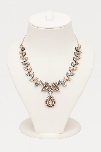 Rose Gold & Silver Plated Cubic Zirconia Leaf-Motif Necklace Set
