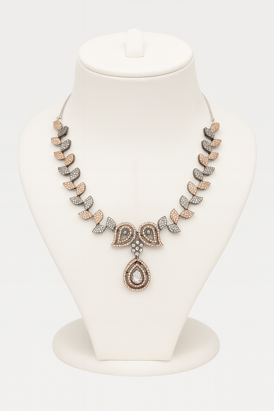 Rose Gold & Silver Plated Cubic Zirconia Leaf-Motif Necklace Set