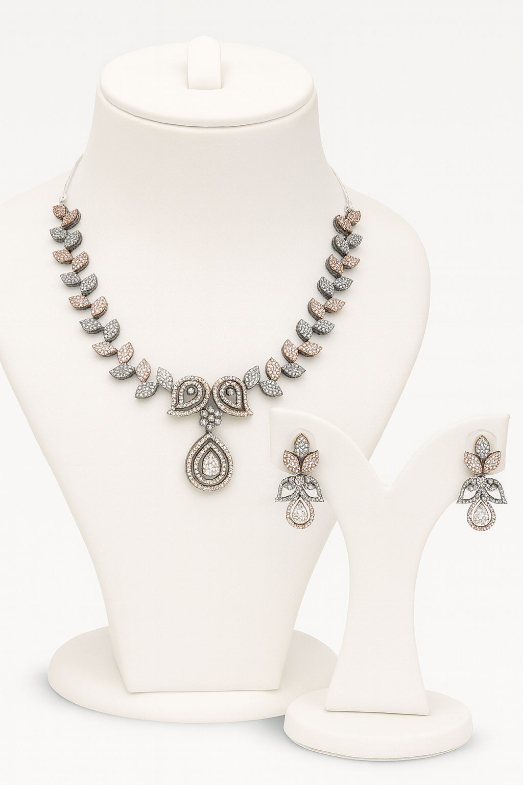 Rose Gold & Silver Plated Cubic Zirconia Leaf-Motif Necklace Set