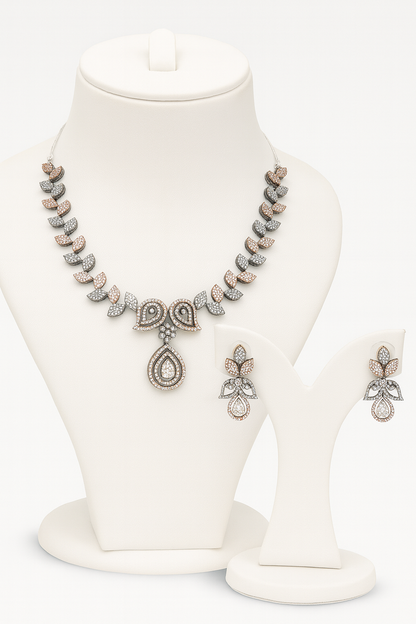 Rose Gold & Silver Plated Cubic Zirconia Leaf-Motif Necklace Set