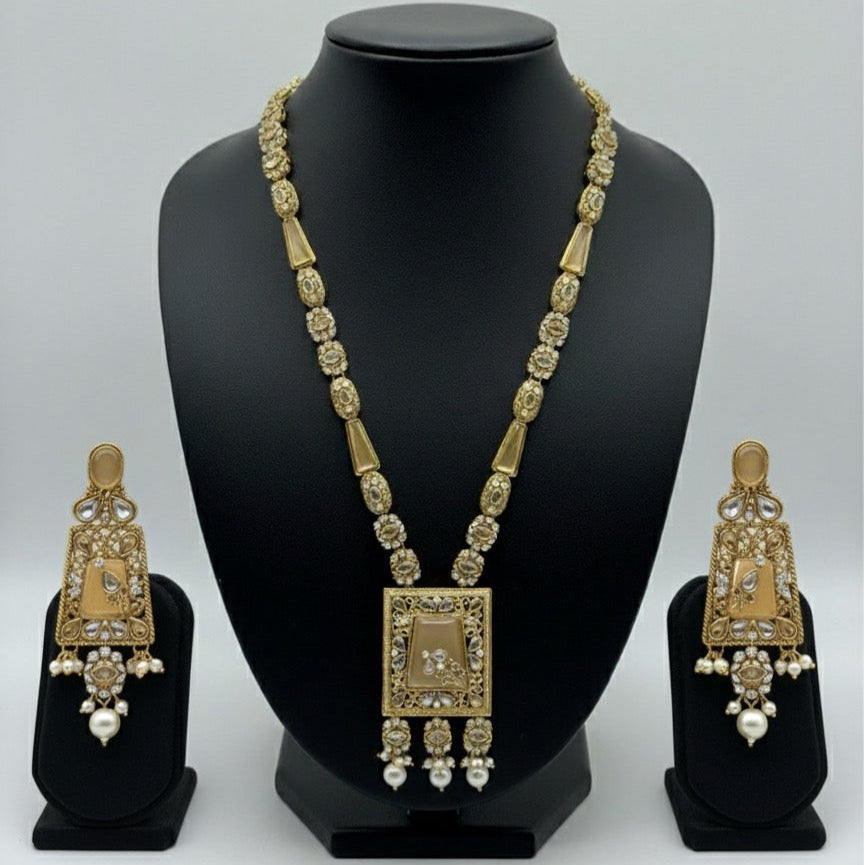 Gold & Silver Plated Kundan Necklace & Earrings Set – Multicolor,Grey  & White Stone Variations, Traditional Ethnic Jewelry with Pearl Drops