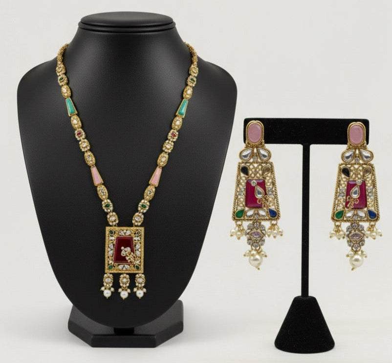 Gold & Silver Plated Kundan Necklace & Earrings Set – Multicolor,Grey  & White Stone Variations, Traditional Ethnic Jewelry with Pearl Drops