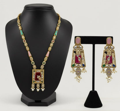Gold & Silver Plated Kundan Necklace & Earrings Set – Multicolor,Grey  & White Stone Variations, Traditional Ethnic Jewelry with Pearl Drops