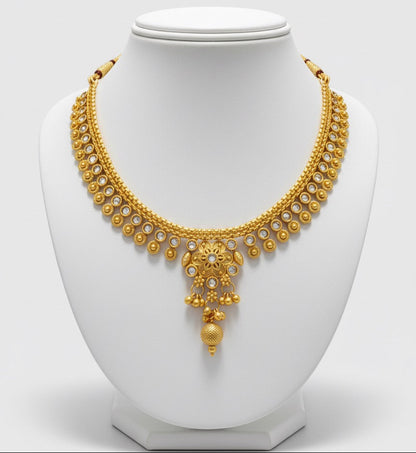 Gold-Plated Traditional Necklace, Earrings Set & Headpiece – Floral Design with Stone Detailing and Pearl Drops