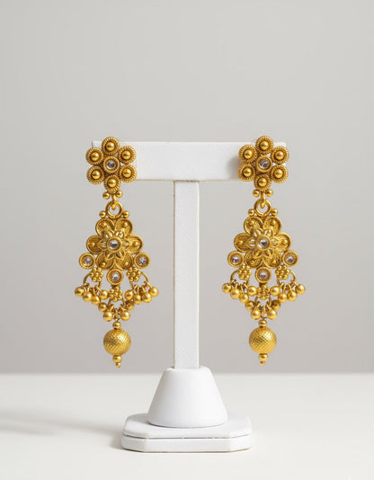 Gold-Plated Traditional Necklace, Earrings Set & Headpiece – Floral Design with Stone Detailing and Pearl Drops