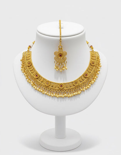 Gold-Plated Traditional Necklace, Jhumka Earrings & Maang Tikka Set – Floral Design with Pearl Detailing