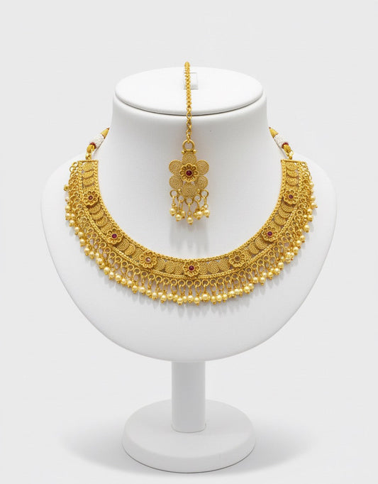 Gold-Plated Traditional Necklace, Jhumka Earrings & Maang Tikka Set – Floral Design with Pearl Detailing