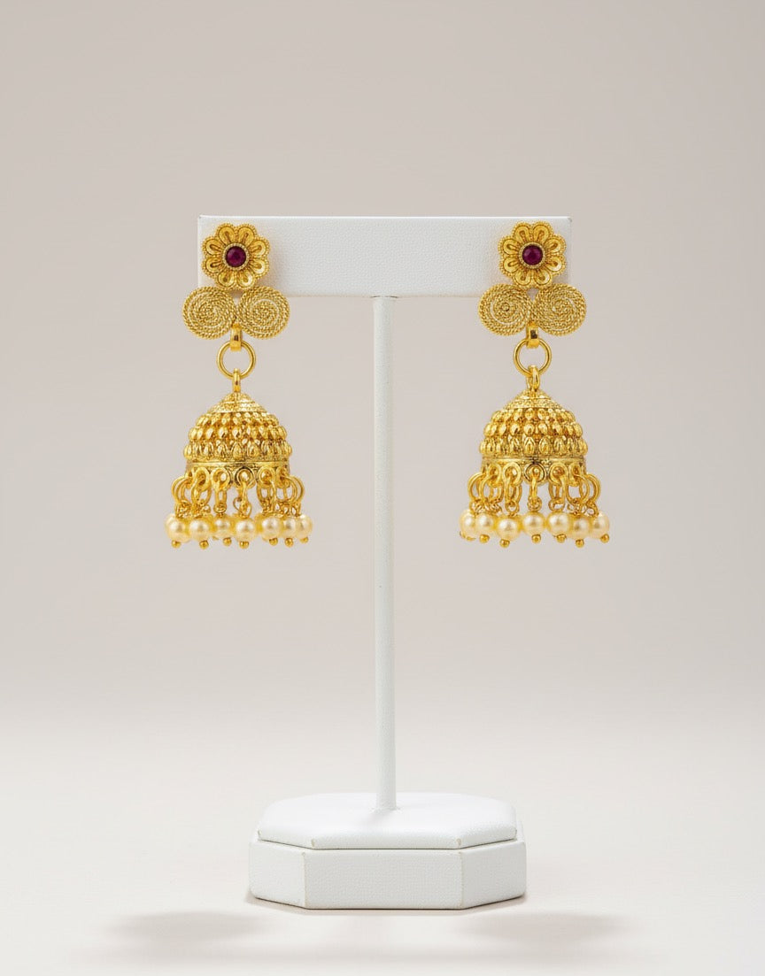 Gold-Plated Traditional Necklace, Jhumka Earrings & Maang Tikka Set – Floral Design with Pearl Detailing