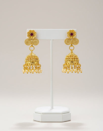 Gold-Plated Traditional Necklace, Jhumka Earrings & Maang Tikka Set – Floral Design with Pearl Detailing