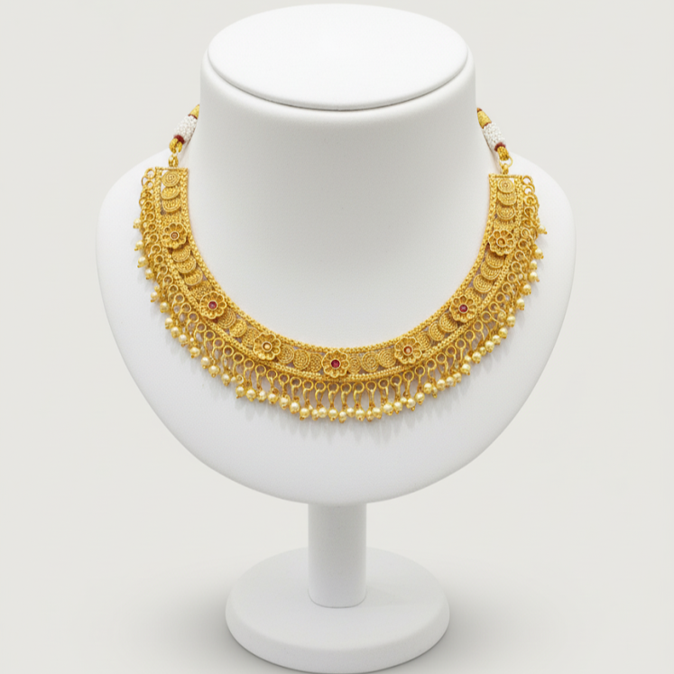 Gold-Plated Traditional Necklace, Jhumka Earrings & Maang Tikka Set – Floral Design with Pearl Detailing