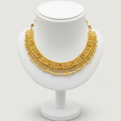 Gold-Plated Traditional Necklace, Jhumka Earrings & Maang Tikka Set – Floral Design with Pearl Detailing