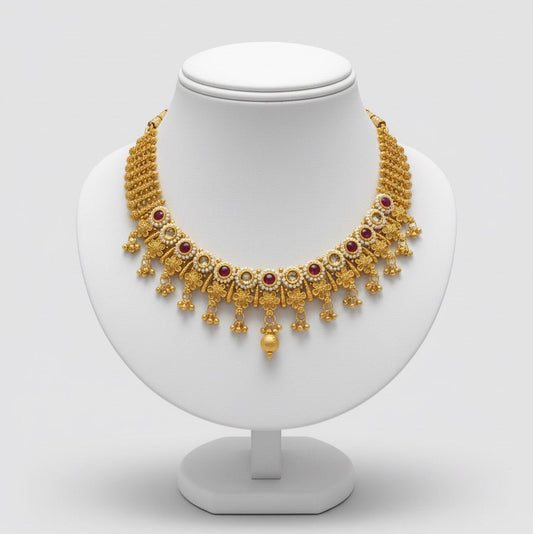 Gold-Plated Necklace, Jhumka Earrings & Maang Tikka Set – Traditional Red & White Stone Design with Pearl Detailing