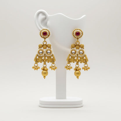 Gold-Plated Necklace, Jhumka Earrings & Maang Tikka Set – Traditional Red & White Stone Design with Pearl Detailing