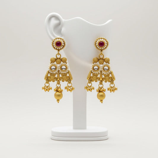 Gold-Plated Necklace, Jhumka Earrings & Maang Tikka Set – Traditional Red & White Stone Design with Pearl Detailing