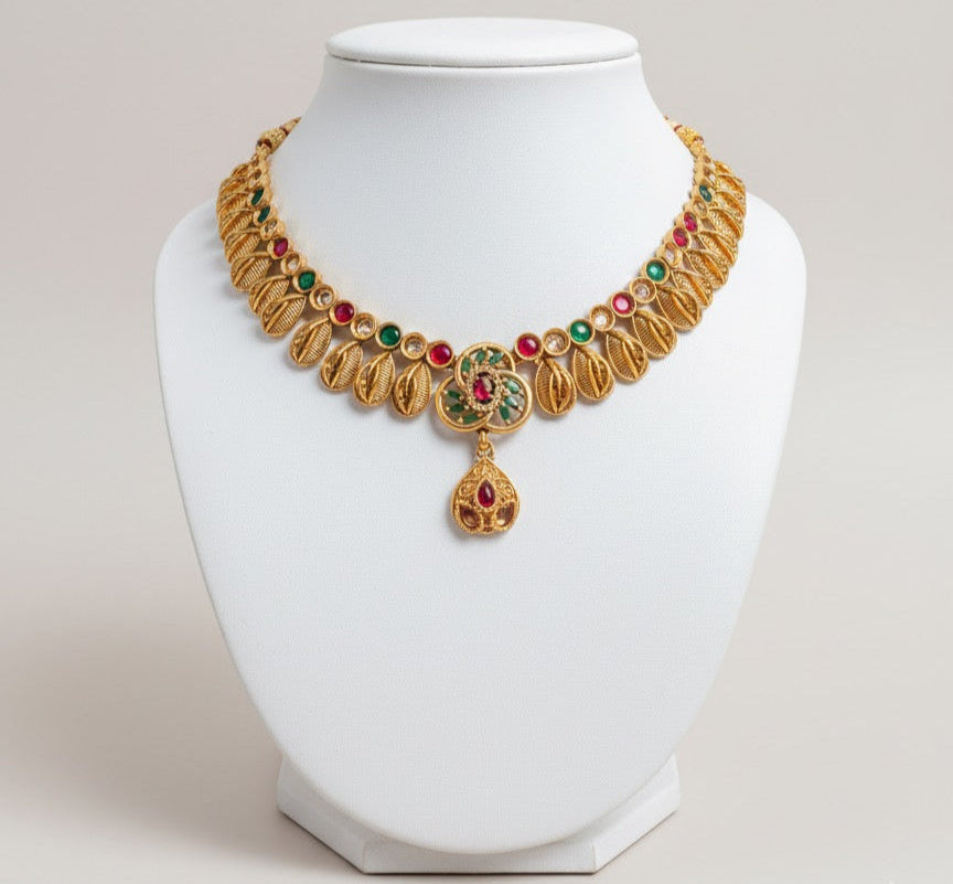 Gold-Plated Necklace & Earrings Set – Traditional Leaf Design with Multicolor Stones and Elegant Finish