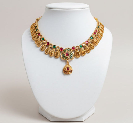 Gold-Plated Necklace & Earrings Set – Traditional Leaf Design with Multicolor Stones and Elegant Finish