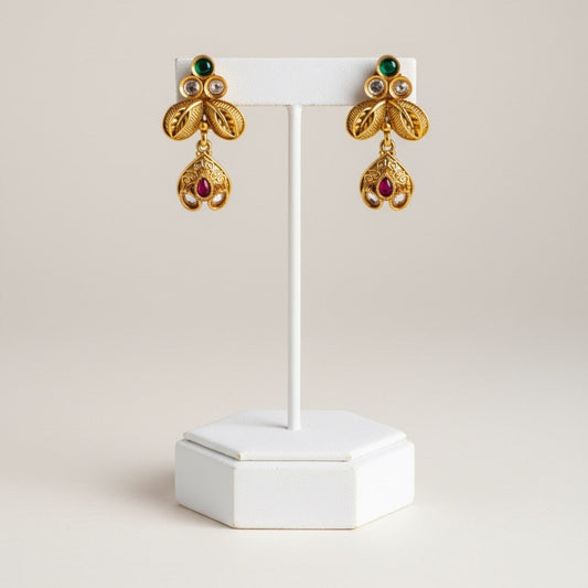 Gold-Plated Necklace & Earrings Set – Traditional Leaf Design with Multicolor Stones and Elegant Finish