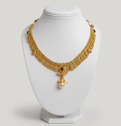 Gold-Plated Necklace, Earrings & Maang Tikka Set – Traditional Red Stone Design with Pearl Drops