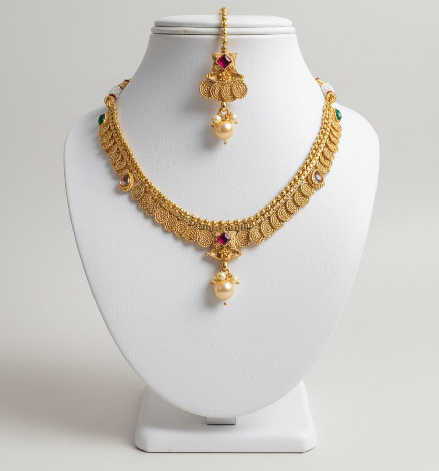 Gold-Plated Necklace, Earrings & Maang Tikka Set – Traditional Red Stone Design with Pearl Drops