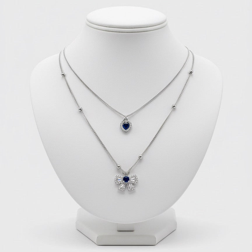 Sterling Silver Blue Sapphire & CZ Bow Necklace - Elegant Dainty Dangle Y-Chain Pendant