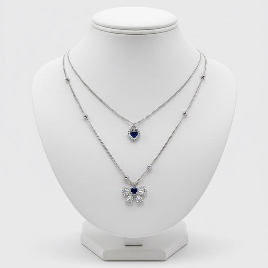 Sterling Silver Blue Sapphire & CZ Bow Necklace - Elegant Dainty Dangle Y-Chain Pendant