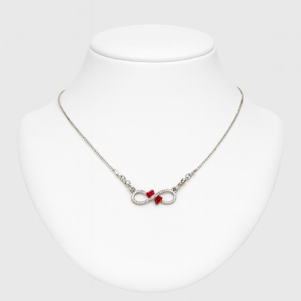 Sterling Silver Infinity Necklace with Red Accents – Dainty CZ Pendant, Adjustable Chain