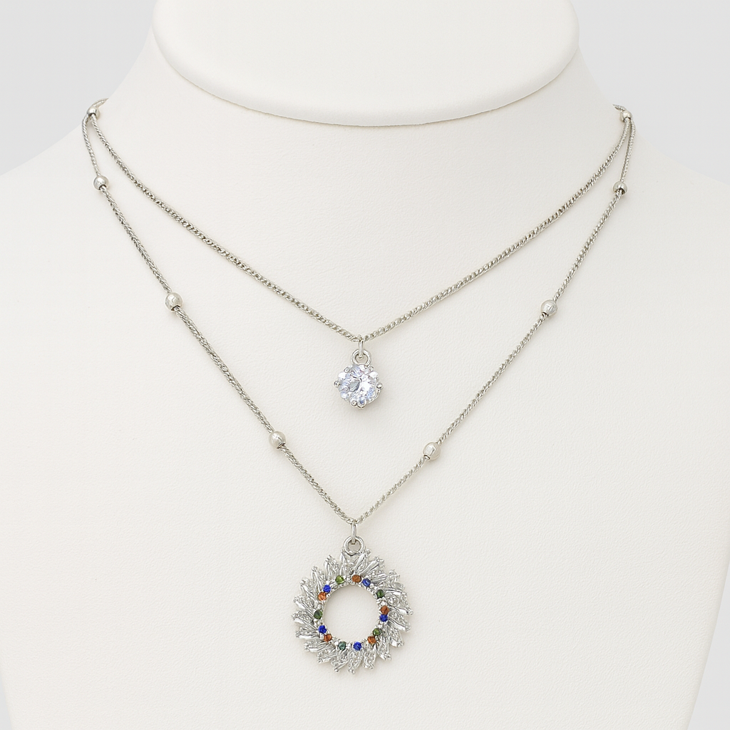 Silver-Plated Layered Pendant Necklace with Crystal & Multicolor Wreath Charm – Elegant Double Chain Design