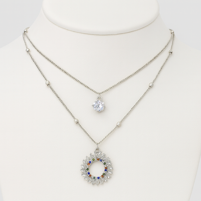 Silver-Plated Layered Pendant Necklace with Crystal & Multicolor Wreath Charm – Elegant Double Chain Design