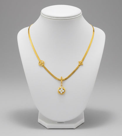 Gold Plated Stainless Steel Serpent Chain Necklace - Floral Clover Charms & Mother of Pearl Inlay