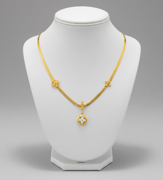 Gold Plated Stainless Steel Serpent Chain Necklace - Floral Clover Charms & Mother of Pearl Inlay
