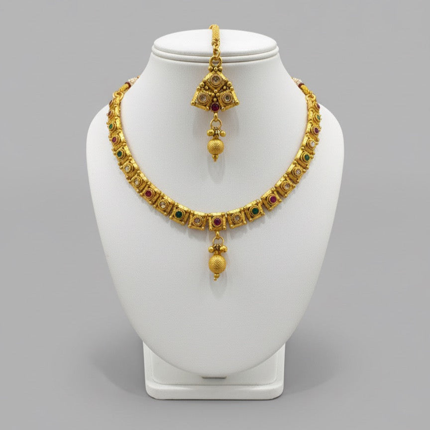 Gold-Plated Necklace, Earrings & Maang Tikka Set – Square Motif Design with Multicolor Stones and Pendant Detailing
