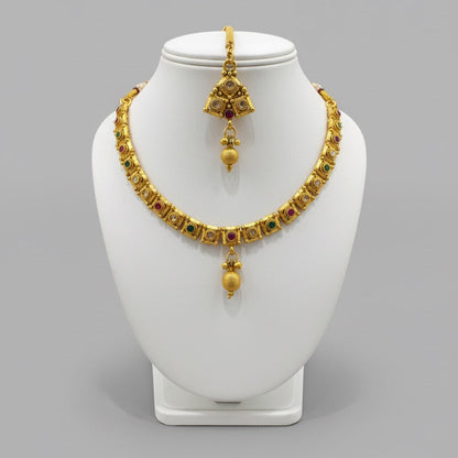 Gold-Plated Necklace, Earrings & Maang Tikka Set – Square Motif Design with Multicolor Stones and Pendant Detailing