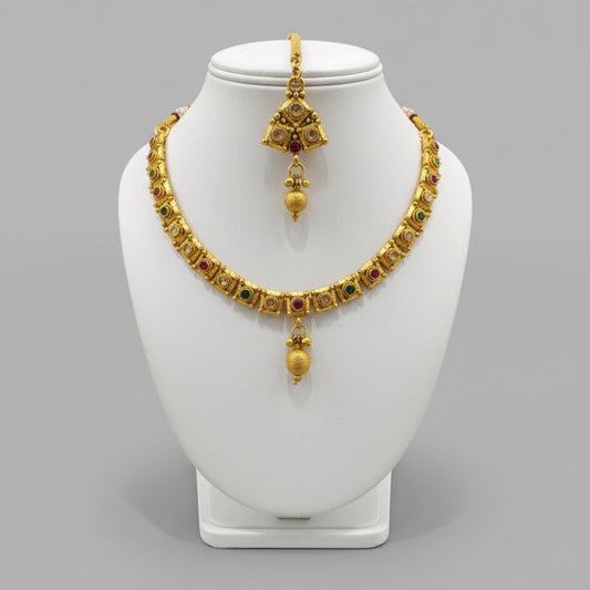 Gold-Plated Necklace, Earrings & Maang Tikka Set – Square Motif Design with Multicolor Stones and Pendant Detailing