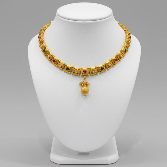 Gold-Plated Necklace, Earrings & Maang Tikka Set – Square Motif Design with Multicolor Stones and Pendant Detailing