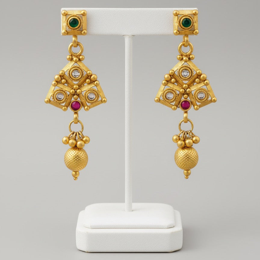 Gold-Plated Necklace, Earrings & Maang Tikka Set – Square Motif Design with Multicolor Stones and Pendant Detailing