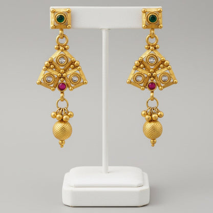 Gold-Plated Necklace, Earrings & Maang Tikka Set – Square Motif Design with Multicolor Stones and Pendant Detailing