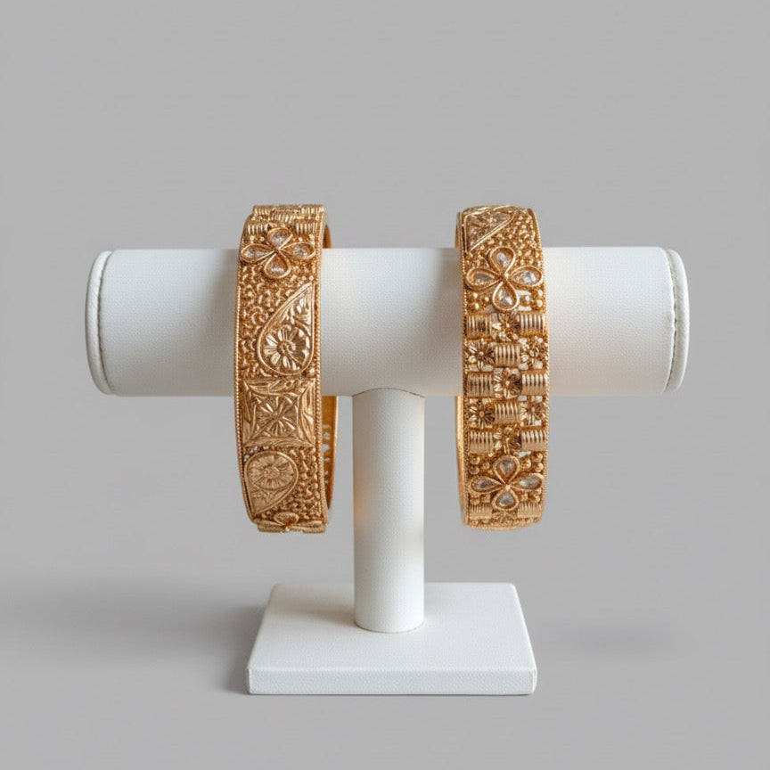 Gold-Plated Kada Bangles – Handcrafted Traditional Design with Stone Accents (Pair)