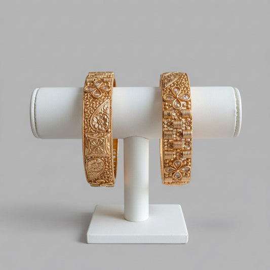 Gold-Plated Kada Bangles – Handcrafted Traditional Design with Stone Accents (Pair)