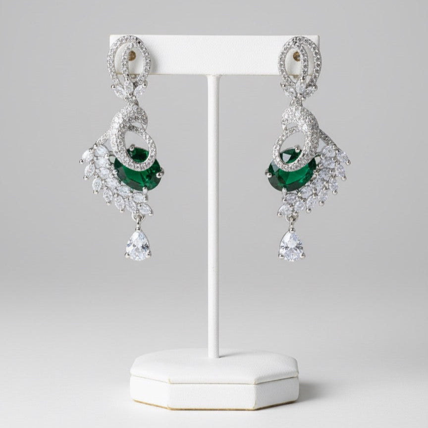 Luxury Silver-Finish Crystal Drop Earrings with Green & Blue Stone Variants