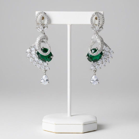 Luxury Silver-Finish Crystal Drop Earrings with Green & Blue Stone Variants